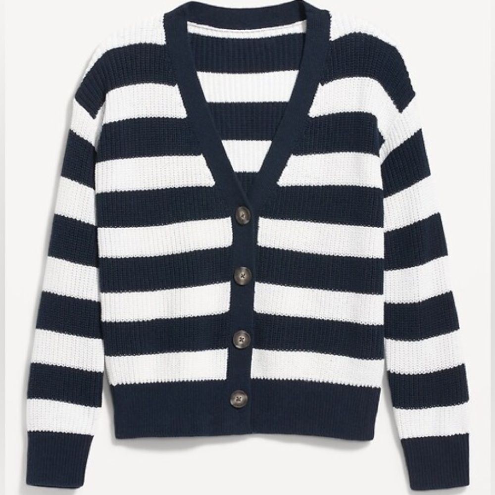 Old Navy Blue + White Striped Lightweight Shaker Stitch Cardigan - Picture 1 of 5